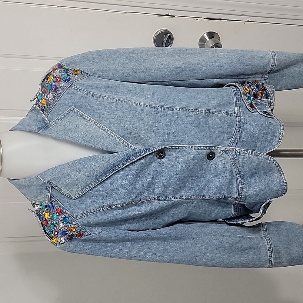 Seandara Blue Denim Stud Trim Jeweled Deep V Jacket Blazer size M